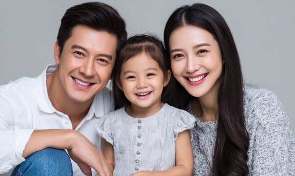 Happy family of three: an Asian man in his thirties wearing blue jeans and a white shirt is sitting on the ground with one arm around the shoulders of the mother
