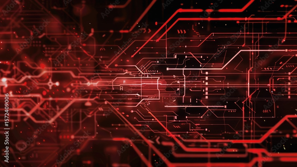 Poster abstract red circuit board pattern with glowing lights on dark background. the red hues and light ef