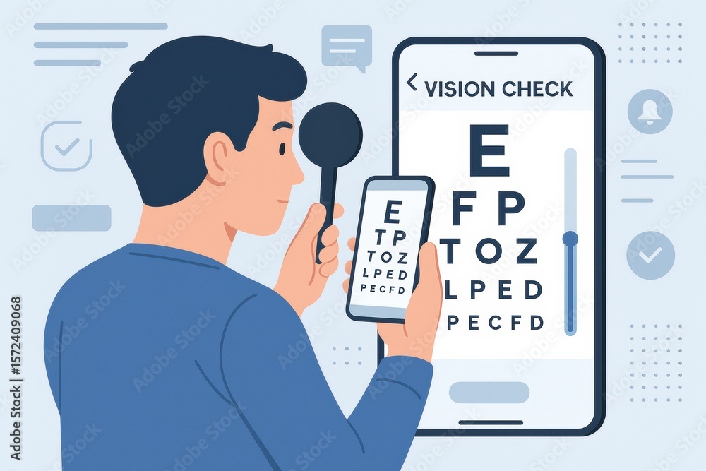 Poster vision check in a modern setting with a man using a phone and tool to assess eyesight