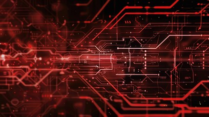 Abstract red circuit board pattern with glowing lights on dark background. The red hues and light effects add a dynamic and modern touch. Digital technology innovation theme. Electric circuit. AIG53.