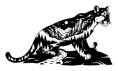 Mountain Lion Double Exposure Silhouette – Forest & Mountain Landscape Vector