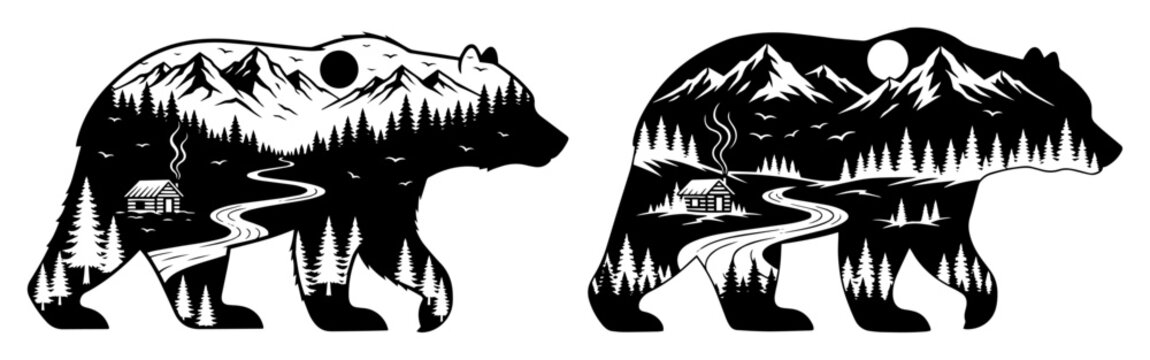 Double exposure bear silhouette with mountain forest landscape. Outdoor adventure and camping vector illustration