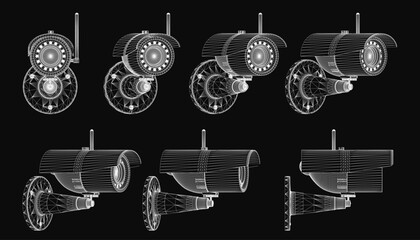 A set of CCTV cameras displayed on a black background features detailed blueprints highlighting their surveillance components. The design showcases multiple angles, technical specifications.