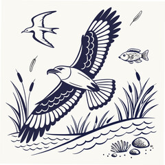 Majestic eagle soaring above water and reeds bird flying