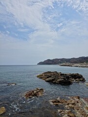 Blue sky and blue sea meet horizon, beautiful clouds, clear and clean seascape, beautiful coastal natural landscape background, Yeongdeok, South Korea - 푸른 하늘과 푸른 바다가 맞닿은 수평선, 멋진 구름, 맑고 깨끗한 바다, 자연 풍경