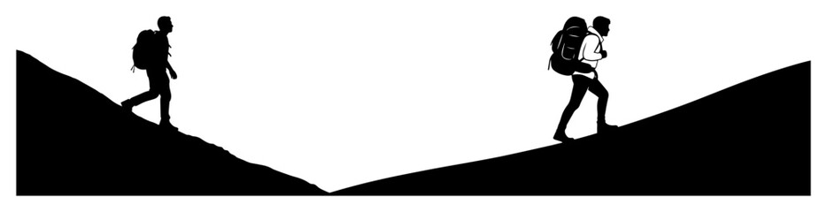 hikers on mountain ridge silhouette vector illustration