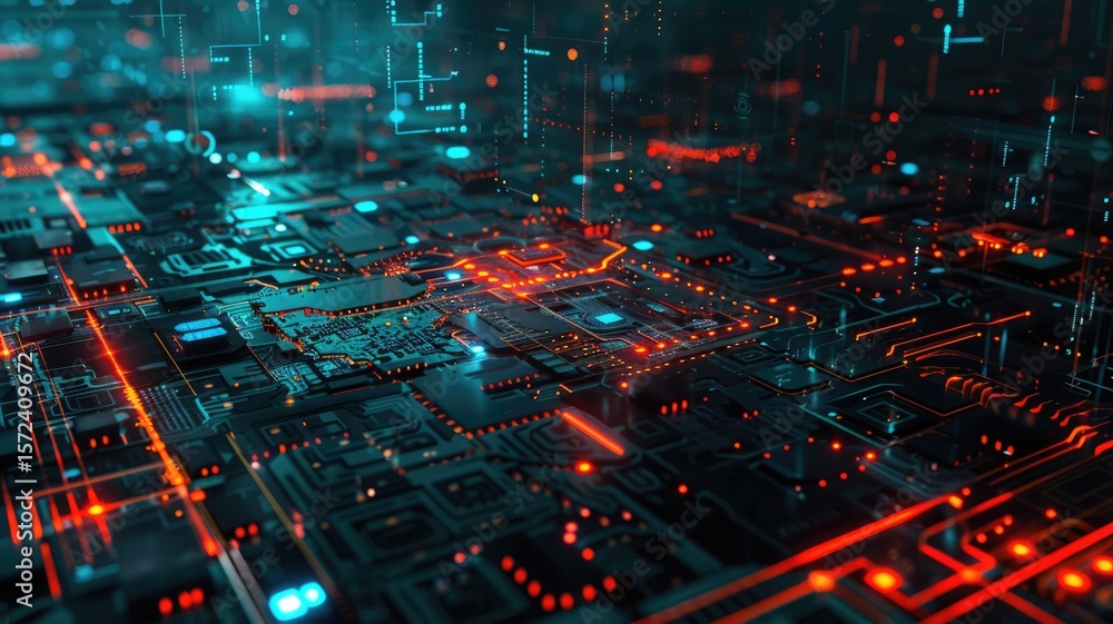 Poster abstract futuristic black circuit board with glowing elements. digital artwork of electric circuit w