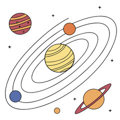 Colorful planets orbiting a central yellow sphere solar system