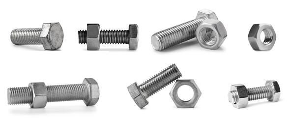 Set of bolts and nuts on white background