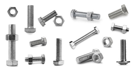 Set of bolts and nuts on white background