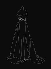 A black and white wedding dress drawing on a mannequin features intricate lines and elegant curves for a realistic look. The detailed design stands out against a dark background.