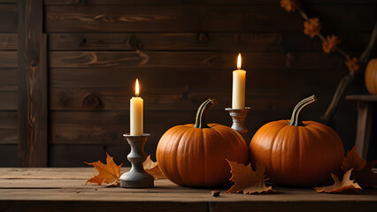 Calabazas otoñales con velas encendidas y hojas secas sobre fondo de madera