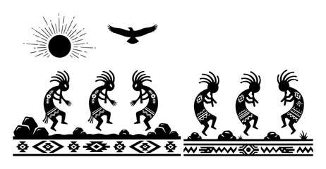 kokopelli dancers desert scene tribal border vector