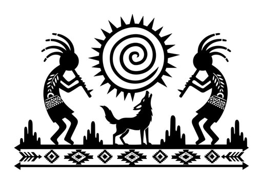 two kokopelli coyote sun tribal border vector