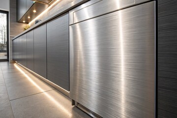 Modern kitchen with brushed metal cabinets and integrated led lighting