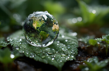 Concept of World Water Day. Transparent glass globe with continents in raindrops. Green leaf protects from rain. Eco-friendly background. Environmental protection and ecology concept.