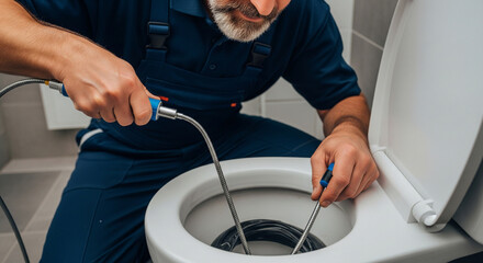 Plumber cleaning clogged drain in toilet. Close-up