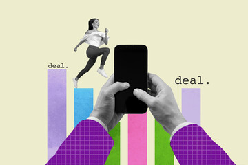 Artwork full art collage of happy businessman businesswoman run chart hands hold phone deal...