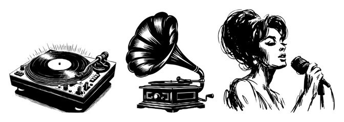 vintage music icons turntable gramophone jazz singer sketch vector