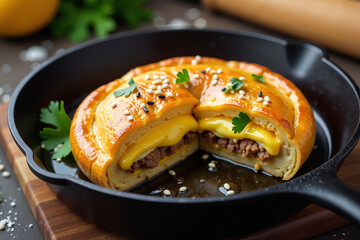A close-up of a golden-brown, filled pastry in a cast-iron skillet.