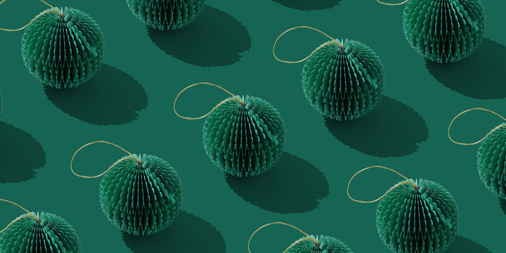 Fototapeta Paper Christmas Ornaments, hanging green New Year decorations as round balls. Minimal aesthetic holidays pattern, green monochrome banner, repeated arrangement, top view of craft winter xmas bauble