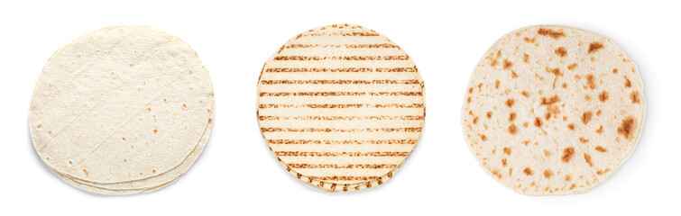 Set of thin lavash on white background, top view