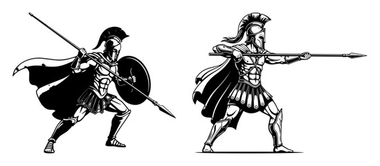 ancient spartan warrior with spear and shield mascot set
