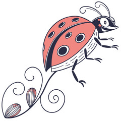 Cartoon ladybug with floral swirl insect illustration