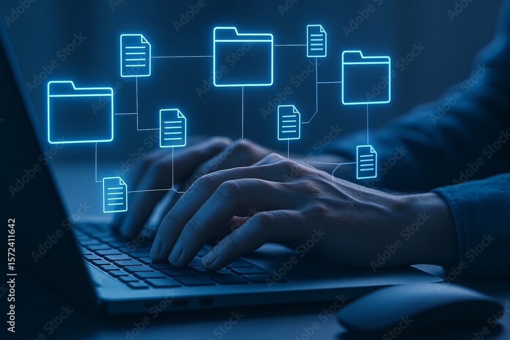 Poster person typing on laptop with glowing blue digital file and folder network visualization
