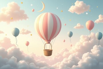 Fototapeta premium Pink White Hot Air Balloon Soaring Above Pastel Clouds Dreamy Digital Art