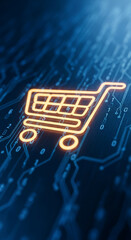 Glowing orange shopping cart icon on a dark blue circuit board background, symbolizing online shopping, digital commerce, and technological innovation
