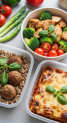 Overhead shot of three food containers: chicken with broccoli, meatballs with quinoa, and lasagna.  Healthy meal prep concept, showcasing balanced diet
