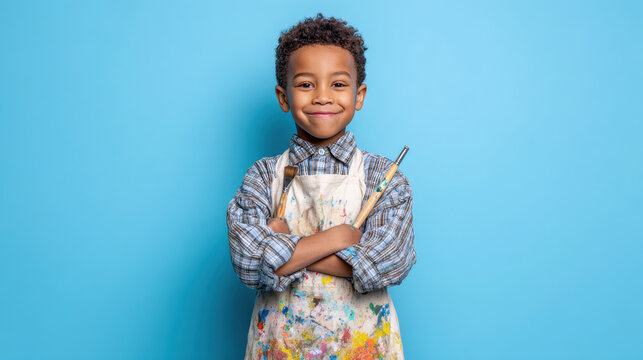 Young boy artist smiling confidently, wearing paint splattered apron and holding paintbrushes, standing against blue background, expressing creativity and happiness