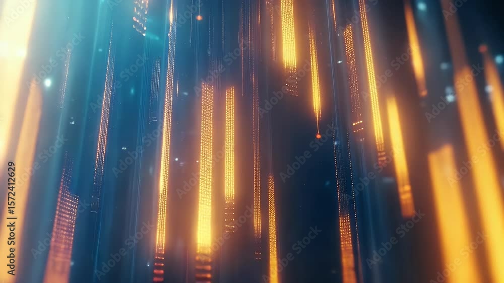 Poster abstract vertical lines of glowing orange and amber light cascading against a dark background with s