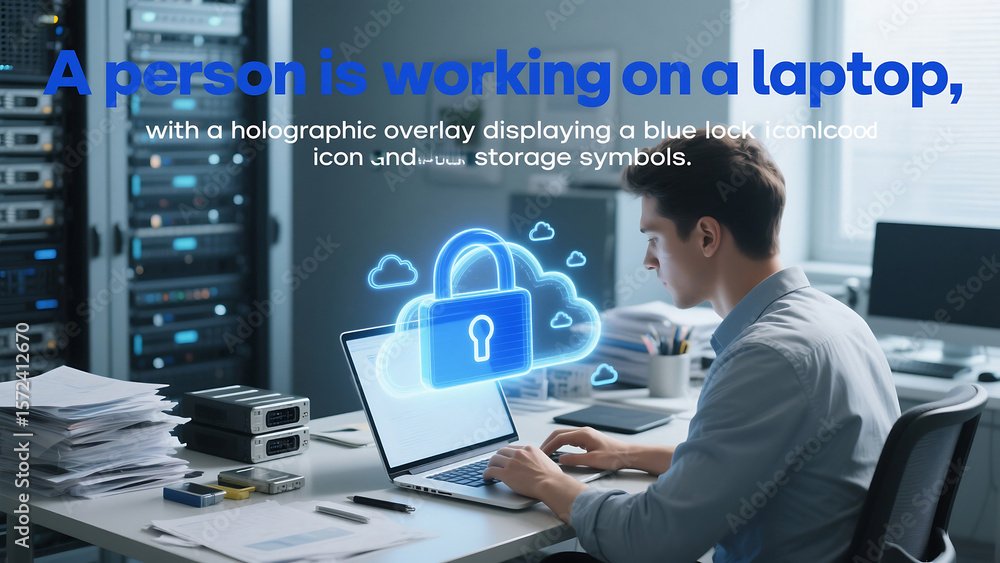 Poster man working on laptop with cloud security overlay in office server room environment setting