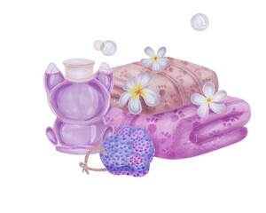 Watercolor illustration. Spa salon, bathhouse Bath with brush and towel. The towel is purple. There is a white towel in the bath. White background for cards, banners, invitations