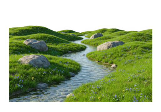 Serene meadow landscape with winding stream and boulders isolated on transparent background