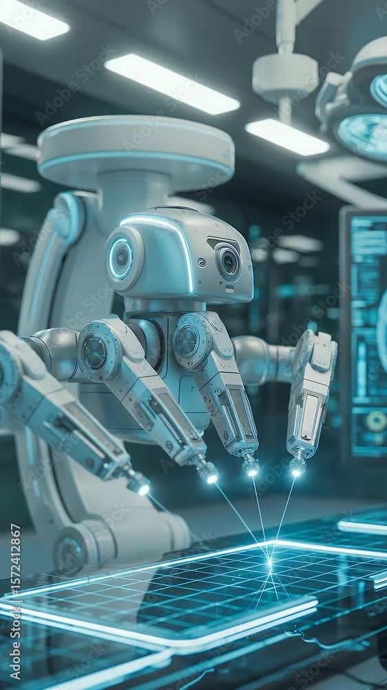 Poster precision robotics in modern hospital: advanced surgical robot performing complex procedure within a