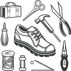 Leather & Shoe Repair Icon Set – Tools, Restoration & Footwear Maintenance Vector Pack