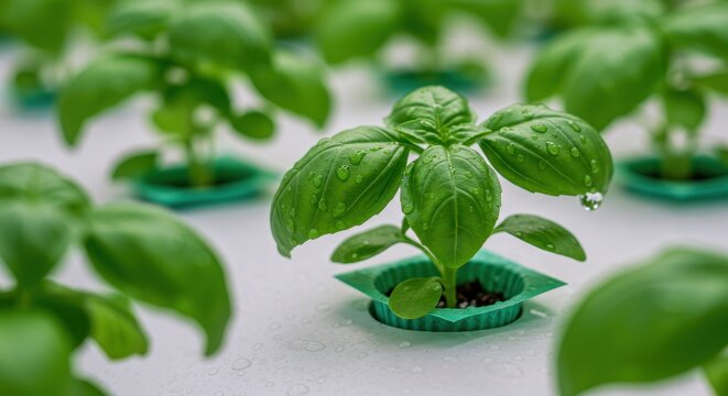 Fresh Basil Seedlings Growing in Hydroponic System with Water Droplets on Green Leaves - Powered by Adobe