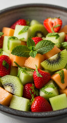 Close-up of diced strawberries, kiwi, cantaloupe, and honeydew melon in a bowl, garnished with mint leaves.  Represents freshness, healthy eating, and summer vibrancy