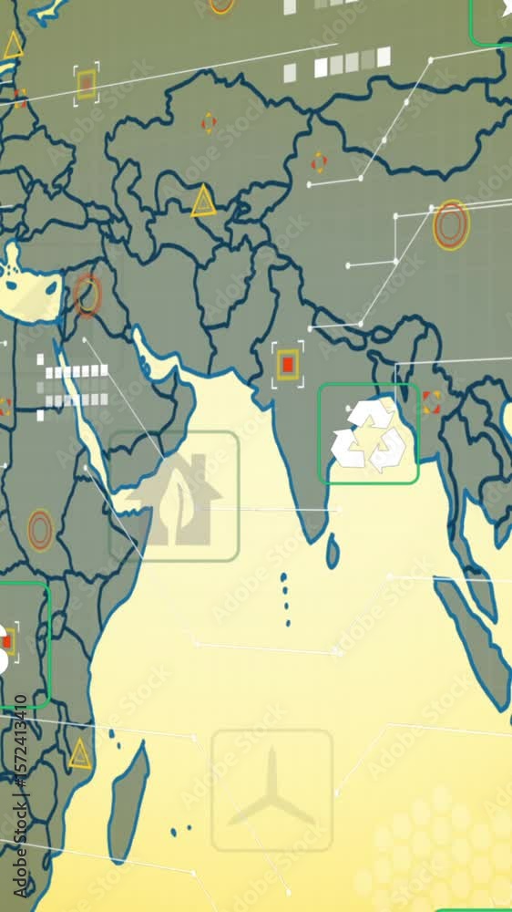 Poster animation of eco icons and data processing over world map