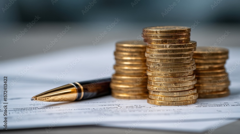 Poster dynamic flat lay of golden taxmarked coins piled in structured rows paired with a polished pen and a
