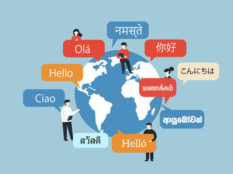 young people chatting foreign languages phone multilingual greeting hello different languages diverse culture international communication student speech bubbles earth planet