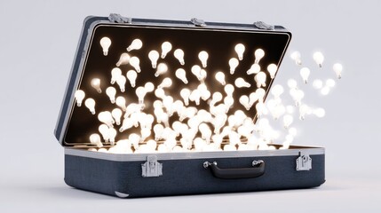 Open suitcase filled with light bulbs