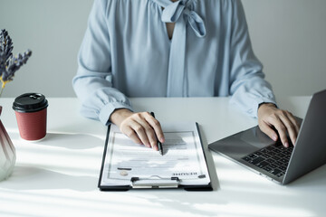 Business woman employer holding resume hiring recruit looking cv resume to hire candidates,...