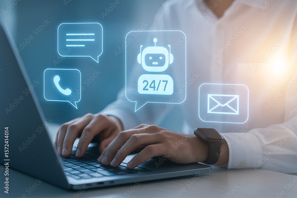 Poster person using laptop with glowing icons for chatbot phone message and email support