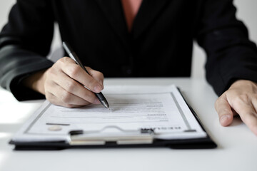 Business woman employer holding resume hiring recruit looking cv resume to hire candidates, analyzing information before job interview. Recruitment concepts