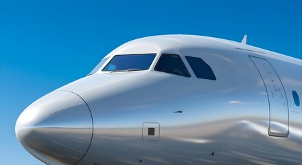 A 5D hyper-realistic close-up of a commercial airplane nose and cockpit windows, with smooth metallic texture and light reflections
