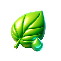 3D Cartoon Lime Leaf with Water Droplet – Glossy Plastic Icon for Eco and Wellness Apps